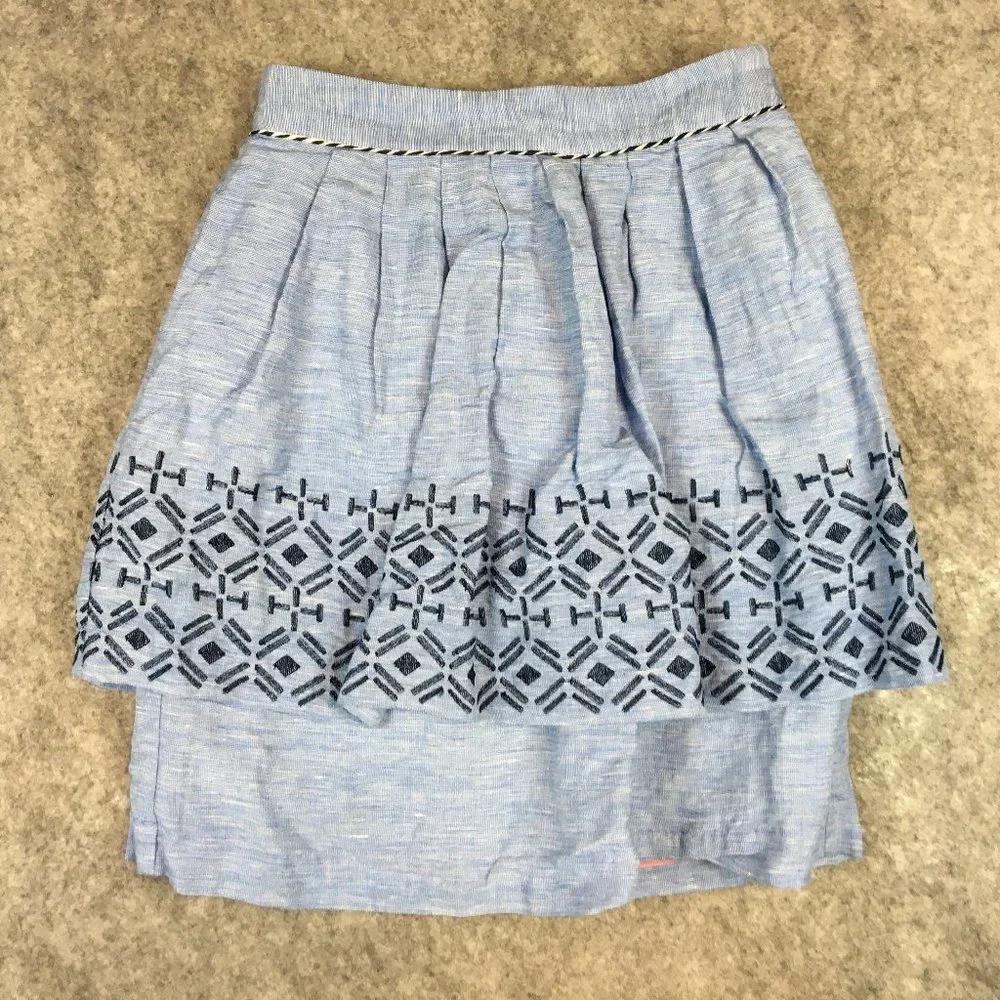 Anthropologie Odille Skirt 4 Blue Linen Blend Layered Embroidered A Line Knee